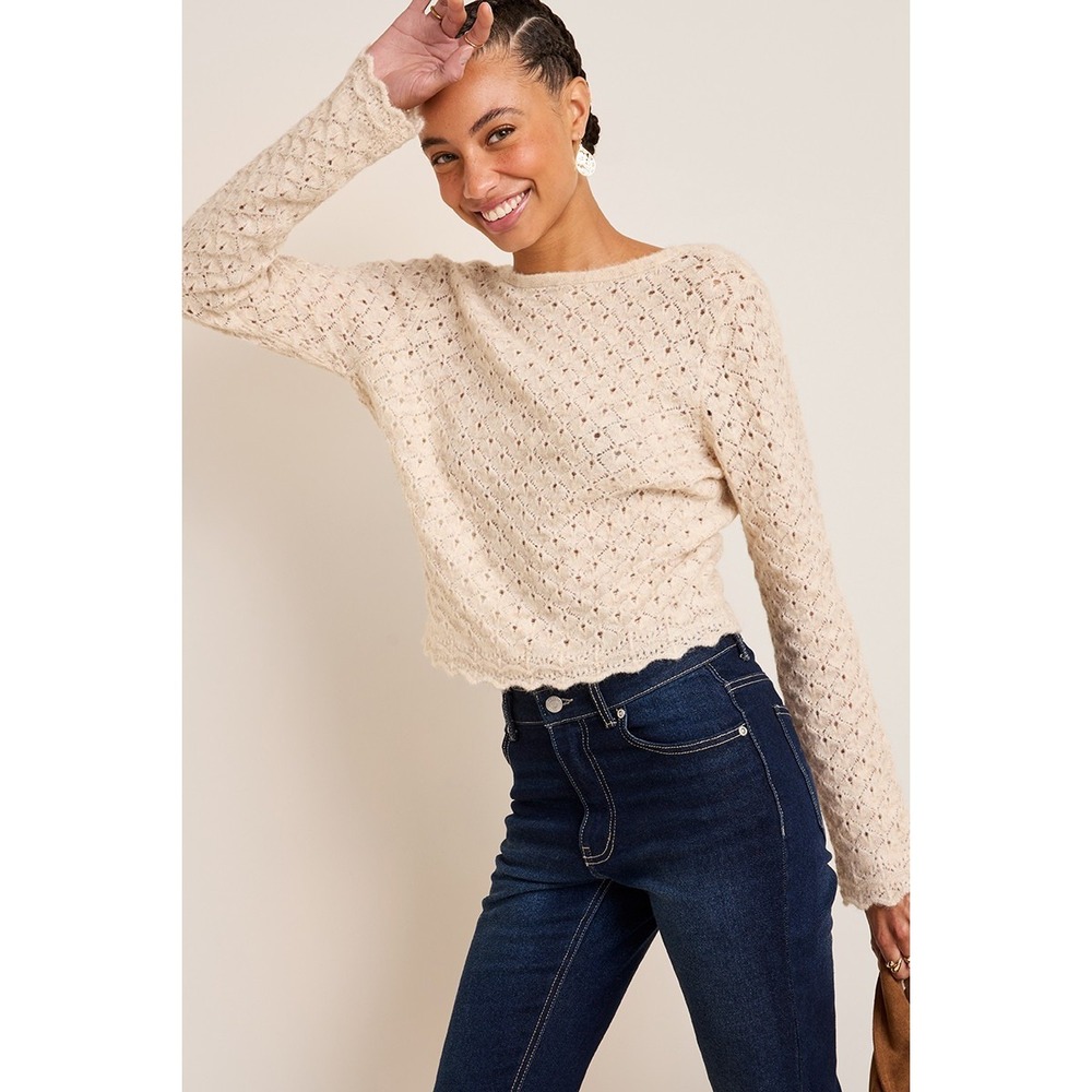 Francesca's Ashley Cream Pointelle Knit Twist Back Cropped V-Neck Sweater S NEW